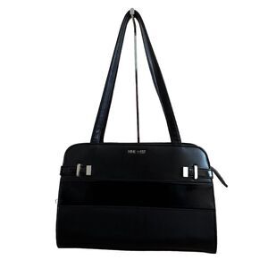 Nine West Black Shoulder Handbag Purse Faux Leather Silver Buckle Accent Straps